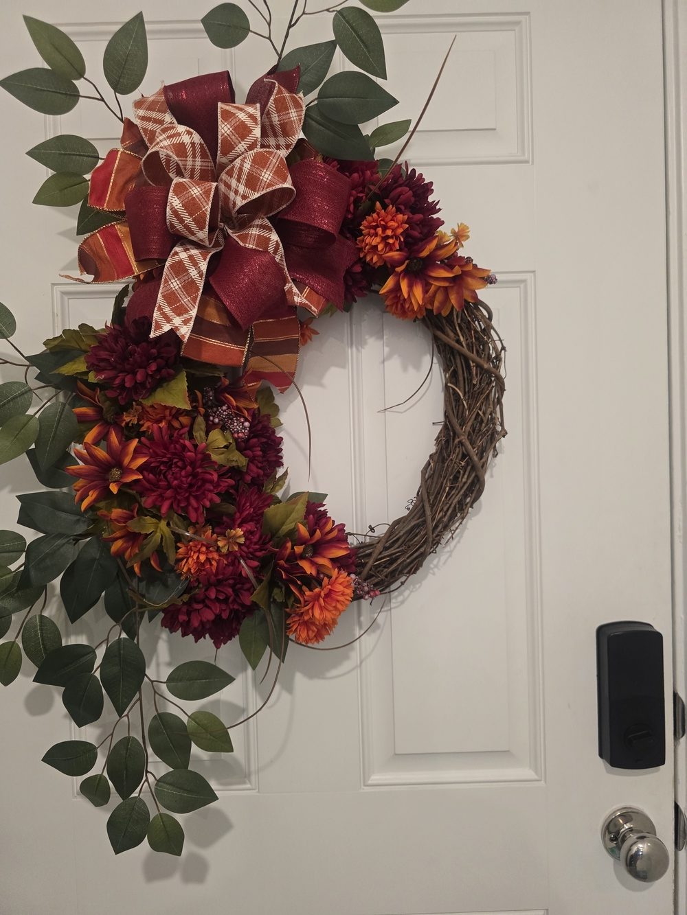 Autumn Grapevine Wreath with Burgundy & Orange Bow Fall Handmade